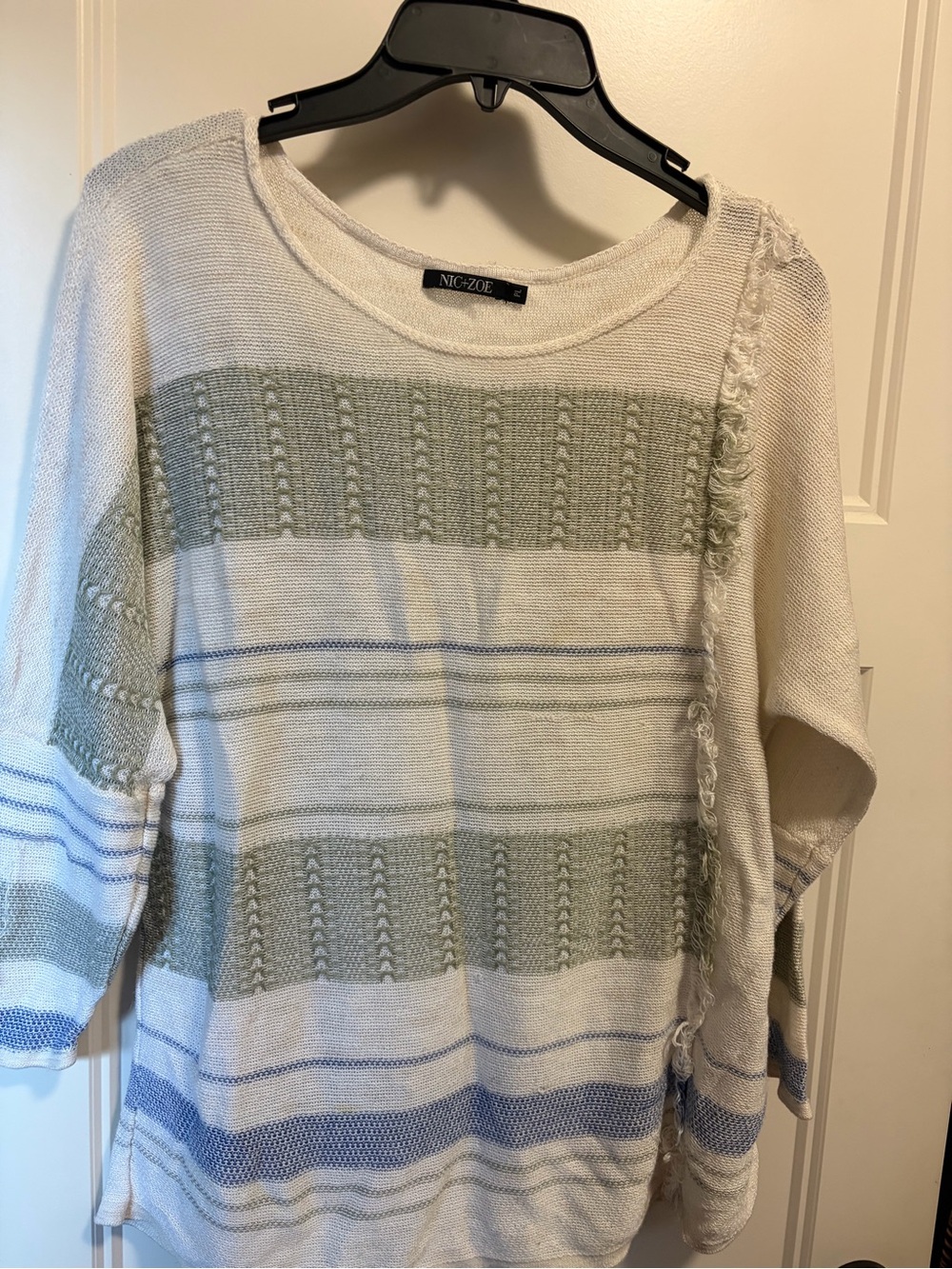 NIC+ZOE Cream Sweater with Sage & Light Blue Stripes